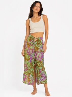 Zara Skirt Linen Tropical Maxi Lightweight Green Purple Leaf Print Size XS‎ NWOT